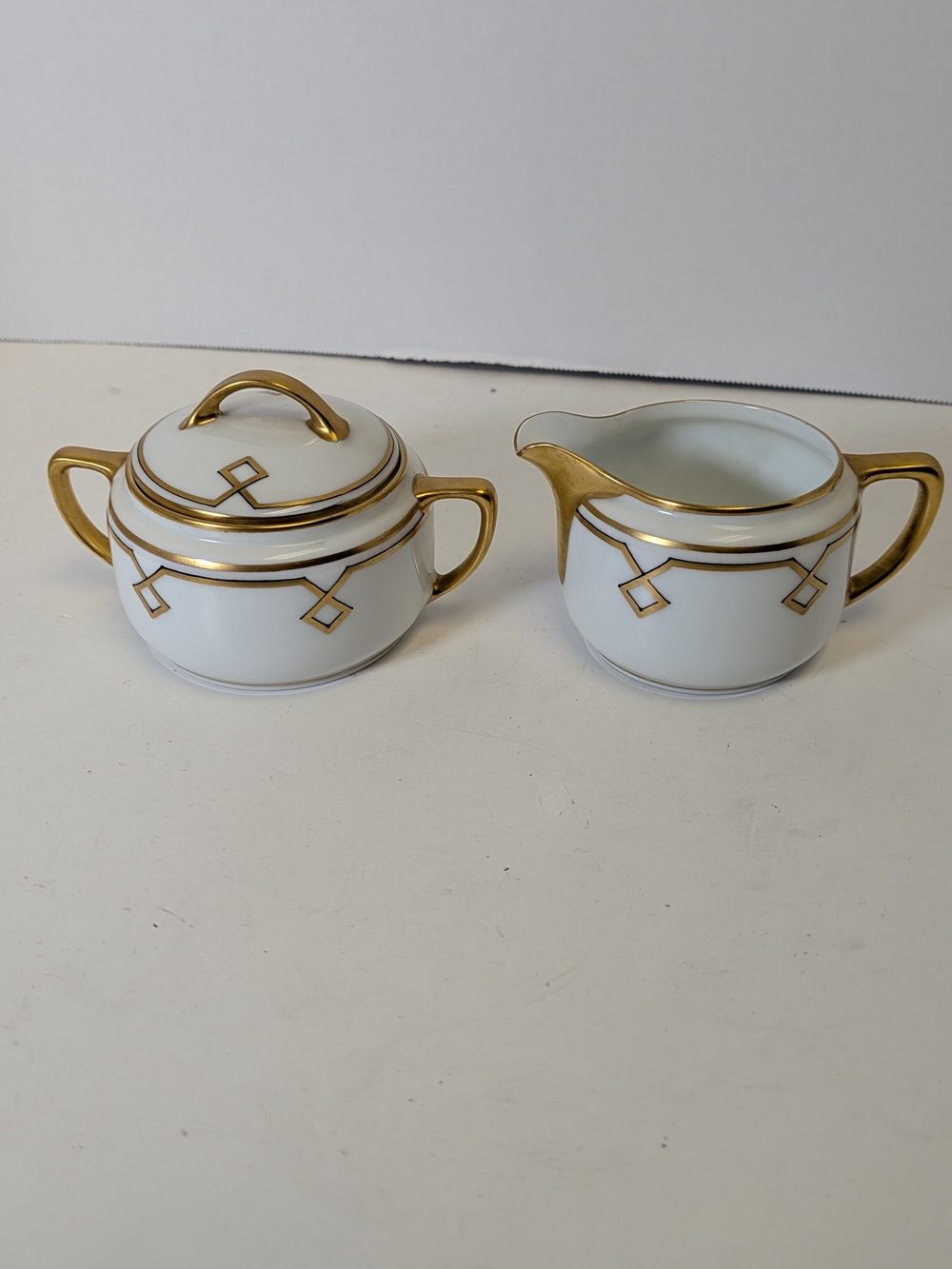 Vintage Art Deco Germany Porcelain Creamer Sugar Set Hand Painted Stouffer Gold
